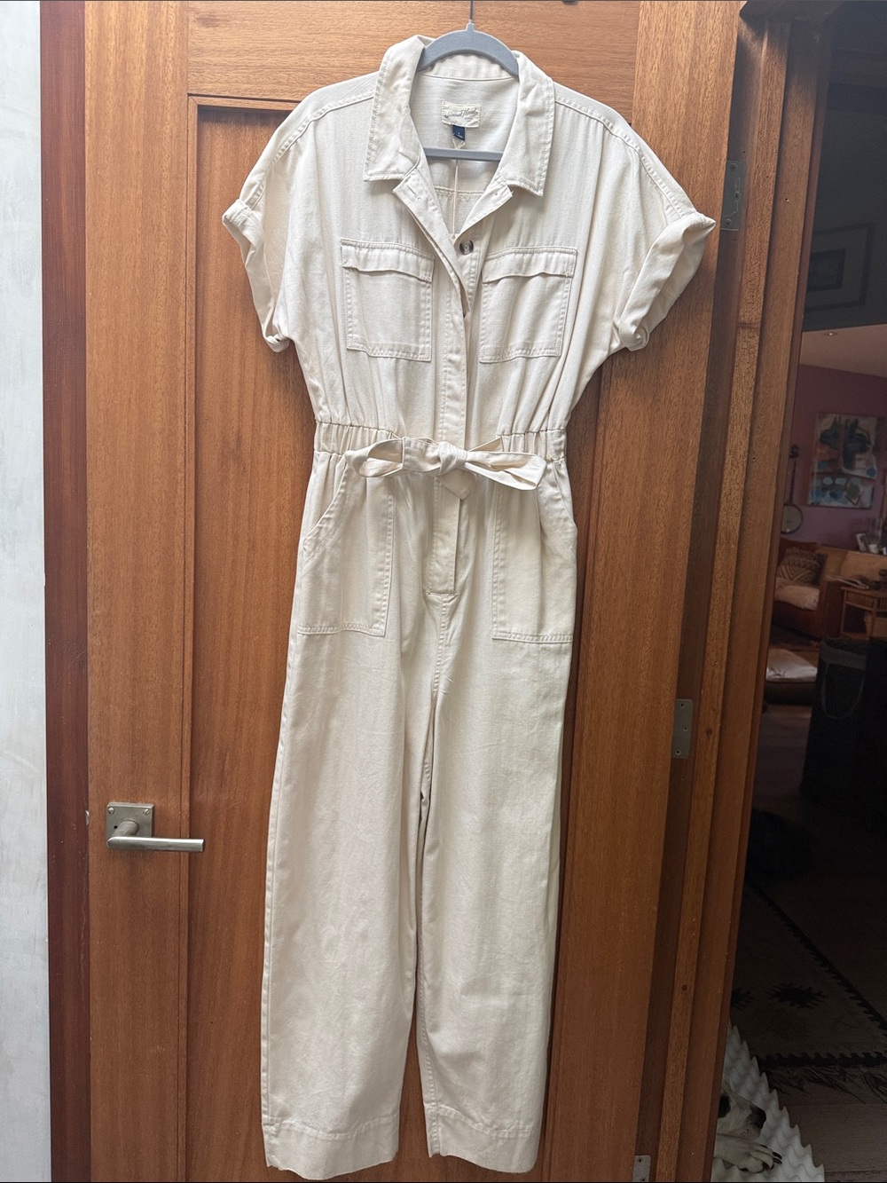 Universal Thread Cream Tie-Waist Utility Jumpsuit